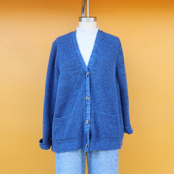90s BLUE BLUE 極厚 Hand-knit Wool Peacoat PLUS SIZE 90s Heatherd Waffle Knit Cardigan | Black and Roayl Blue