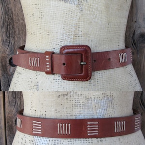 90s Cognac Whipstitch Trim Wide Waist Belt | Brown Leather Belt | Cognac Trouser Belt | 25 to 28.75