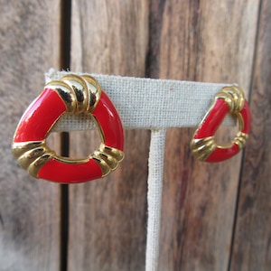90s Chunky Gold Tone Red Enamel Chunky Earrings | Cutout Fluted Nautical Resort Chic Statement Earrings | Minimalist Business Casual Jewelry