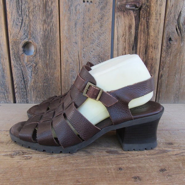 90s Woven Leather Chunky Gladiator Roman Sandals | Waffled Sole Woven Leather Shoes | Block Heel Brown Open Toe Strappy Sandals | Size 10