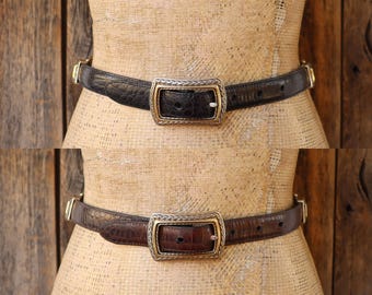 90年代 ブライトン リバーシブル クロコ型押し モッククロコ ミックスメタルバックル コンチョ サウスウエストレザー フリップベルト | サイズ XL 33～37