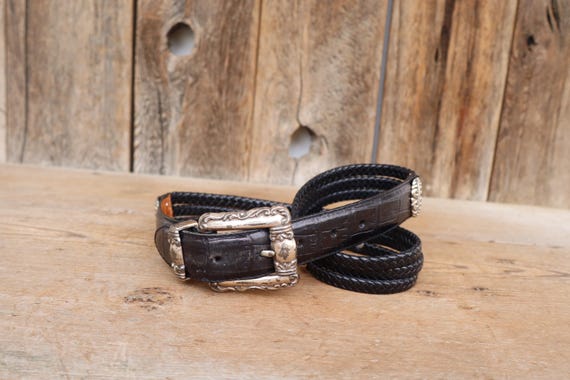 Vintage Brighton Belt Size XS/S Black Crock Embossed Leather Chunky Gold Buckle 1990s Brighton Croc Embossed Leather Belt Ornate Cherub  main image 4
