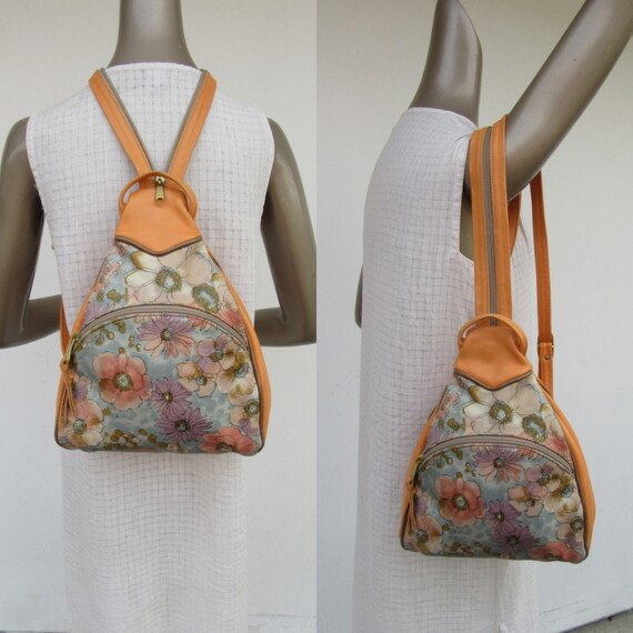 80s Painted Leather Convertible Teardrop Floral Ba