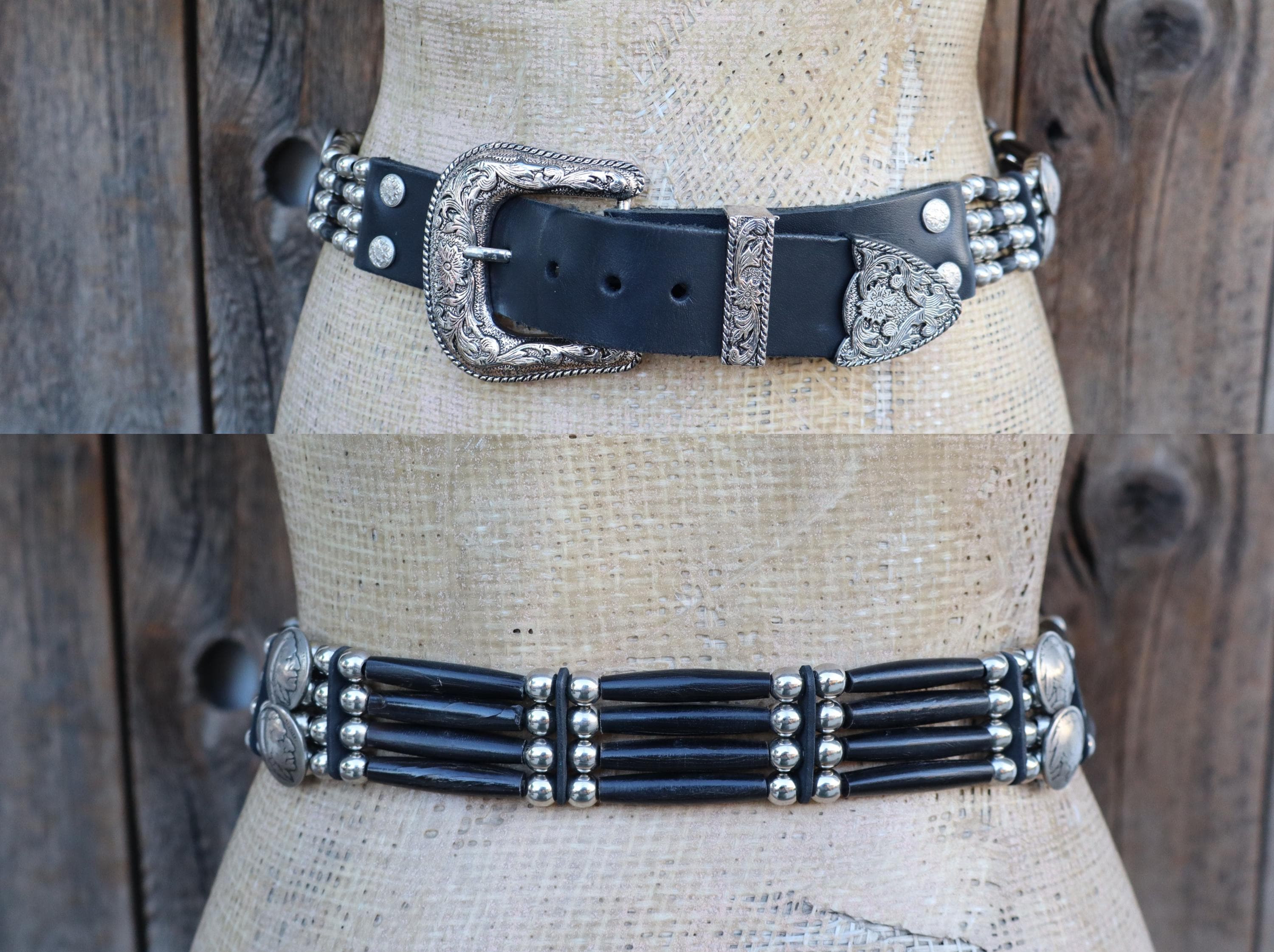80s 90s Black Leather Buffalo Nickel Beaded Ranger Buckle Belt