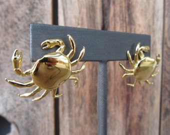 90s Gold Tone Statement Earrings | Novelty Gold Tone Crab Earrings | Resort Wear | Resort Earrings