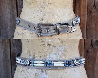 Silver Tone Black Leather & Mesh Link Belt Circa 1980’s Rainbow Jeweled Silver Metal Mesh & Black Leather Studded  main image 3
