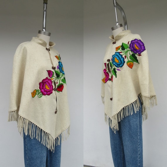 70s Style Wool Embroidered Poncho | Shawl Cape | M