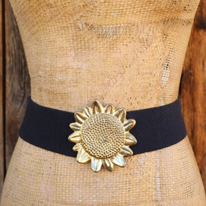 Vintage 80s Blondies NY Black Elastic Cinch Belt Gold Filigree Buckle M/L Antique Gold Filigree Belt Buckle: Hand Painted Black Enamel  main image 3
