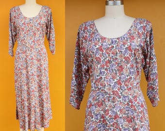 90s Rayon Floral Botanical Long Dress | Rose Print Flower Print Dress | Cottagecore | Dolman Sleeve Grunge 1990s Flower Print Dress | M L