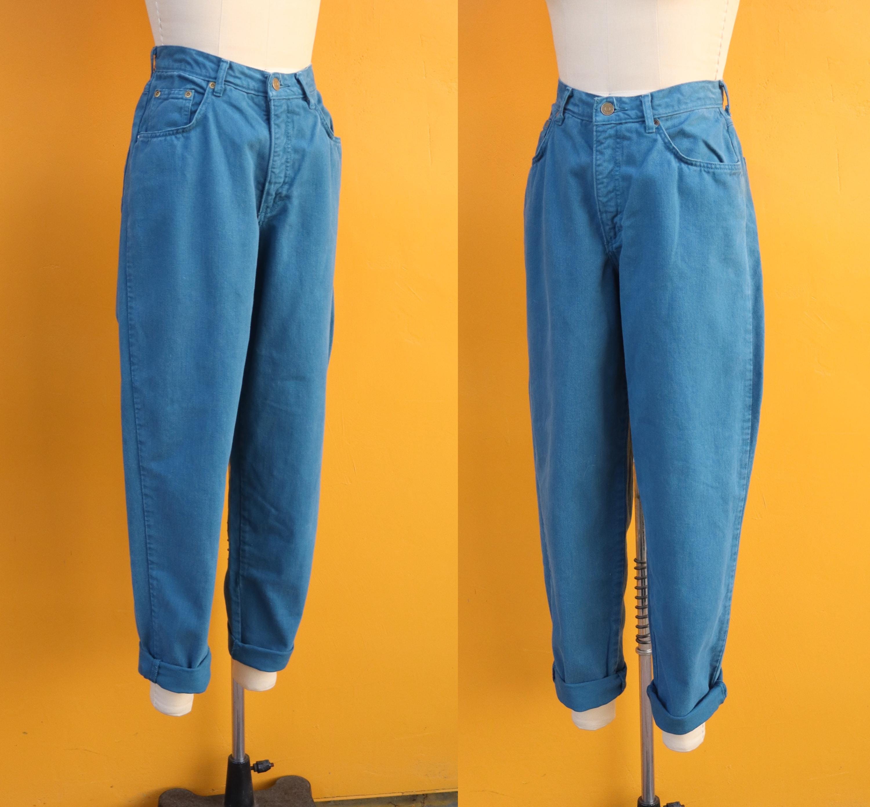 90s Teal Blue Denim High Waist Five Six Pocket Mom Jeans | Tapered