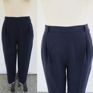 80s 90s Pleated High Waist Navy Blue Wool Trousers | Tapered High Rise Slacks | High Rise Dark Academia Wool Pants | 30 Waist | Size 12