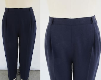 80er 90er Jahre Plissee High Waist Marineblaue Wollhose | Verjüngende High Rise Freizeithose | High Rise Dark Academia Wollhose | 30 Taille | Größe 12