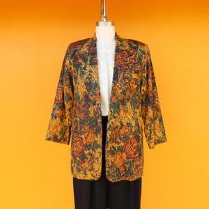 1980s Gold Floral Blazer | 80s Autumn Colors Duster Flower Cottagecore Oversized Blazer Light Jacket Sports Coat | Officecore Jacket | Large