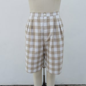 90s High Waist Pleated Shorts | Linen Look Checkered Longline Long Line Shorts | Minimalist Preppy Shorts | Academia Style | 31 Waist