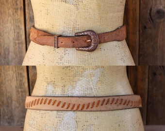 90s Nocona Brown Suede Leather Whipstitch Western Copper Tone Buckle Belt | 28.75 to 32.25