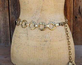 70s 80s Gold Tone Chain Coin Dangle Belt | Medallion Coin  display picture 3