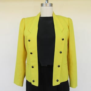 80s 90s Yellow and Black Cropped Blazer | Pleated Shoulder Bolero Jacket | Size 12