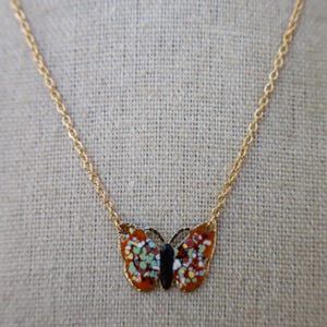 80s Gold Chain Necklace | Small Orange Cloisonne Butterfly Necklace | Statement Jewelry | 70s Necklace