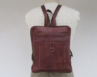 90s Cinnamon Brown Leather Backpack | Convertible Satchel Bag Purse Sling Backpack Day Pack | 1990s Brown Leather Bag Backpack