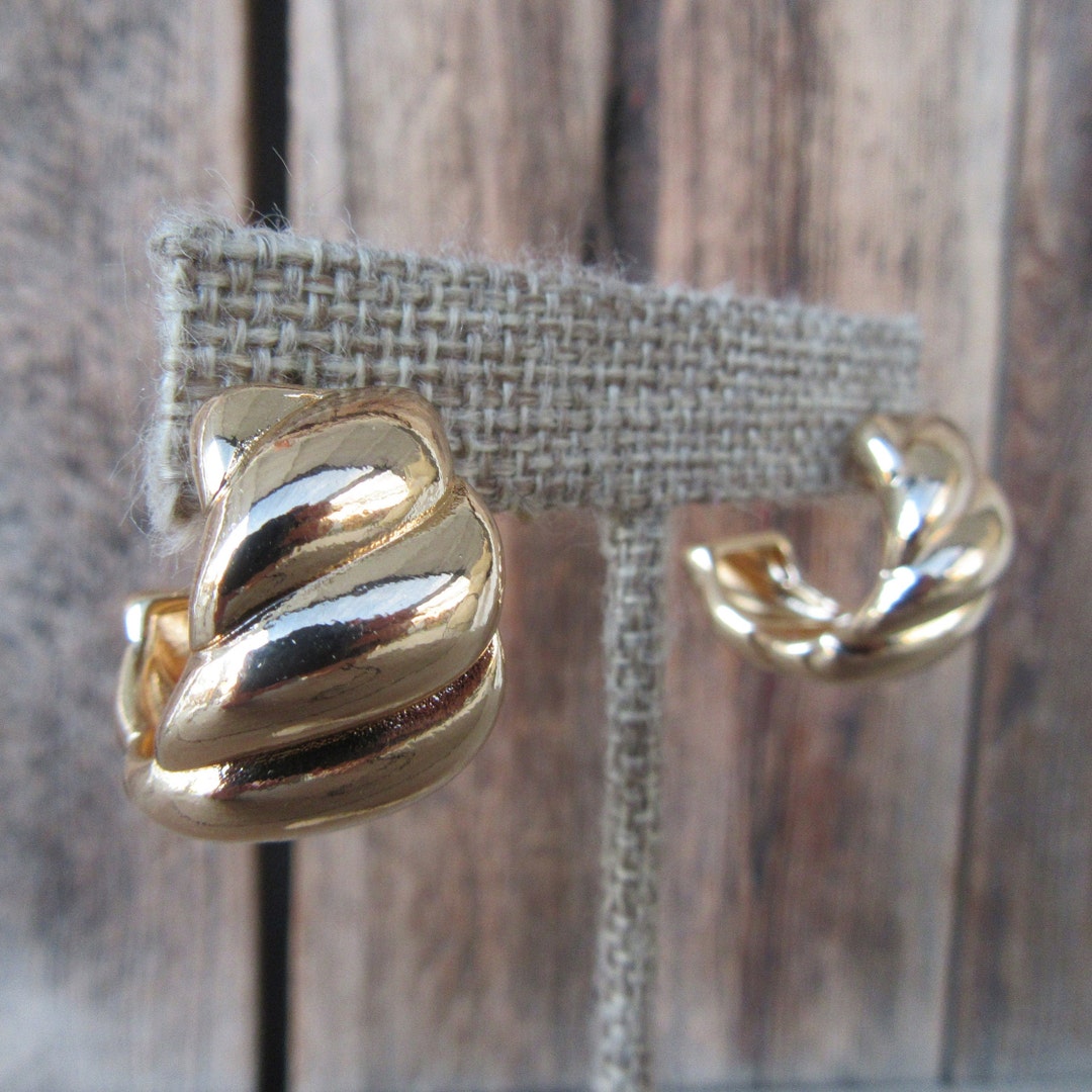 90s Chunky Gold Tone Hoop Earrings Fat Wide Fluted Hoops Swirled ...