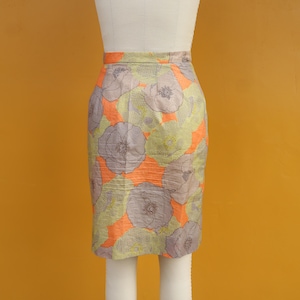 60er 70er Jahre Blumen Print Knielanger Bleistift Rock | mod Floral orange gelb taupe Blumen Frühling Midi Rock | 24 Taille