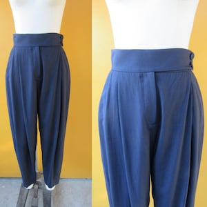 90s Y2K Pleated High Waist Navy Blue Wool BLend Trousers | Tapered High Rise Slacks | High Rise Dark Academia Officecore Pants | 26 Waist