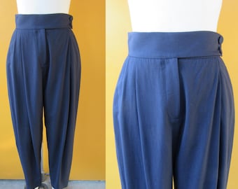 90年代 Y2K プリーツハイウエスト ネイビーブルー ウールブレンド トラウザーズ | テーパード ハイライズ スラックス | ハイライズ ダークアカデミア オフィスコア パンツ | ウエスト 26