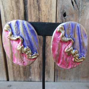 80s Large Oval Resin Earrings | Pink Purple Gold White Avant Garde Resin Earrings | Chunky New Wave Earrings | 90s Earrings
