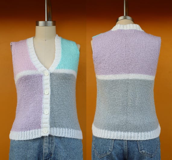 80s Pastel Color Block V Neck Button Front Cardig… - image 1