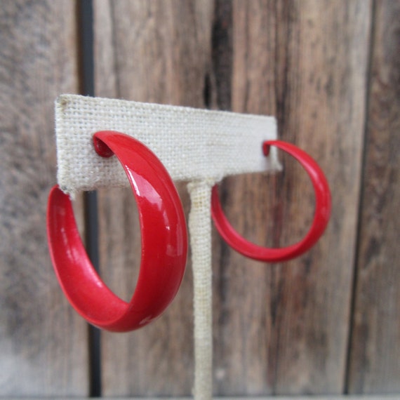80s Earrings Lipstick Red Enamel Metal Hoop Earrin