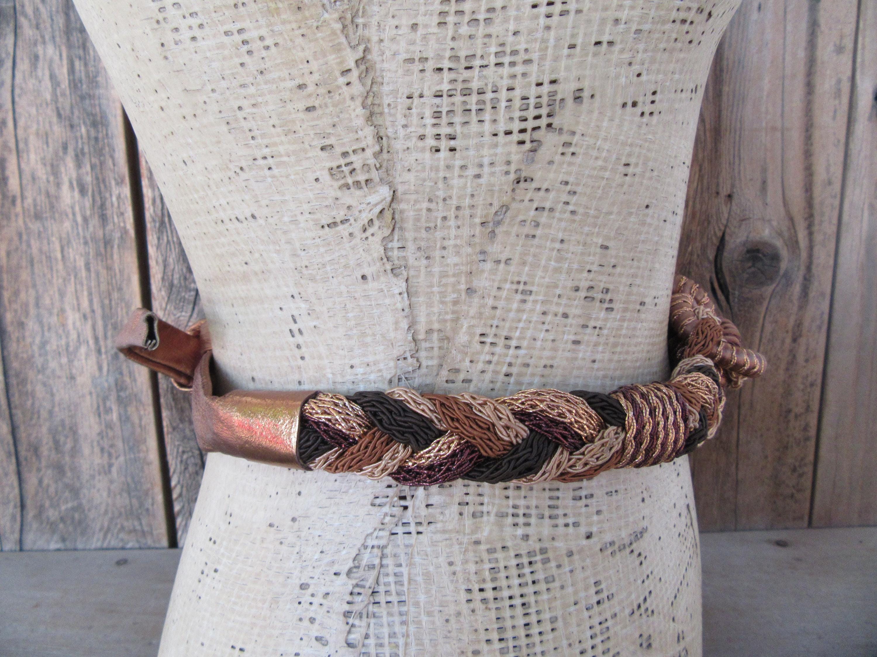 80s Leather and Corded Braided Knot Waist Belt | Resort Belt 