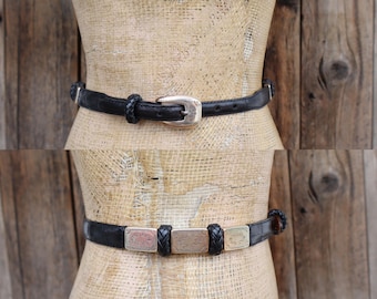 90s BRIGHTON Black Moc Croc Croco Leather Skinny Concho Trouser Belt | 32.5 to 35.5