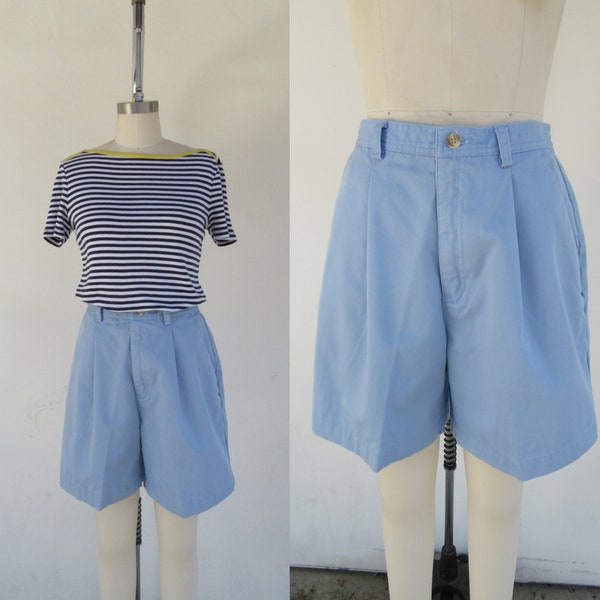 90s Light Blue All Cotton High Waist Pleated Shorts | Minimal Longline Pocketed Cotton Shorts | 26 to 29 Partially Elastic Waist