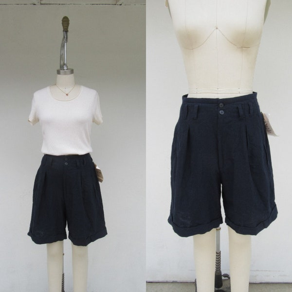 NOS 80s 90s High Waist Longline Navy Blue Pleated Linen Blend Shorts | Mom Shorts | Cotton Linen Minimal High Rise Shorts | 28 Waist