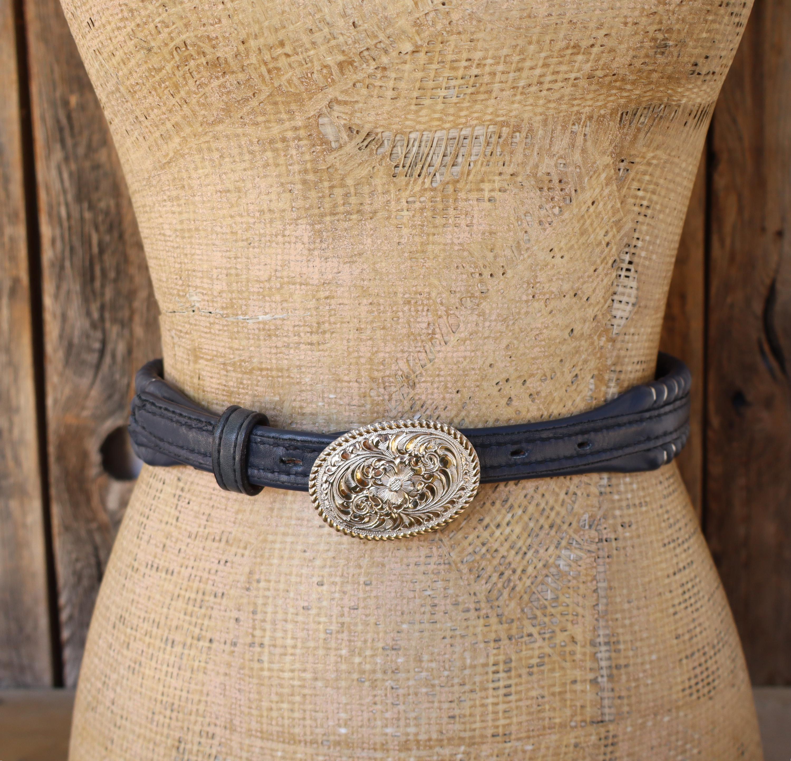 80s Navy Blue Whipstitch Leather Belt | Faux Silver Etched  display picture 1