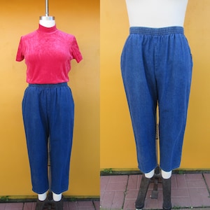 PLUS SIZE 90s Minimalist Denim Cotton Easy Pants | Pull On Mom Pants | High Waist Denim Elastic Waist Pants | Size 16 | 30 to 36
