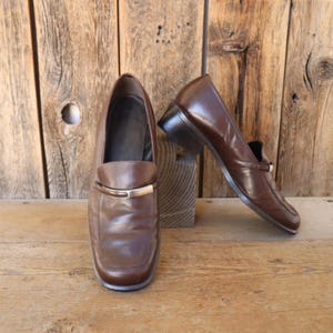 1990s Dark Brown Loafers | Square Heel Driving Shoes Mocs | Silver Buckle Block Heel Brown Leather Tuxedo Shoes | 8.5