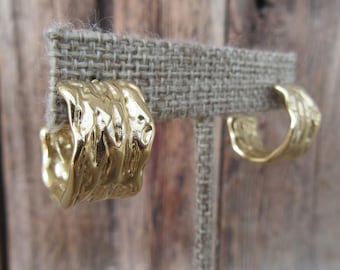 90s Gold Tone Fat Hoop Earrings | Wide Textured Gold Tone Hoops | Chunky Patterned Statement Earrings