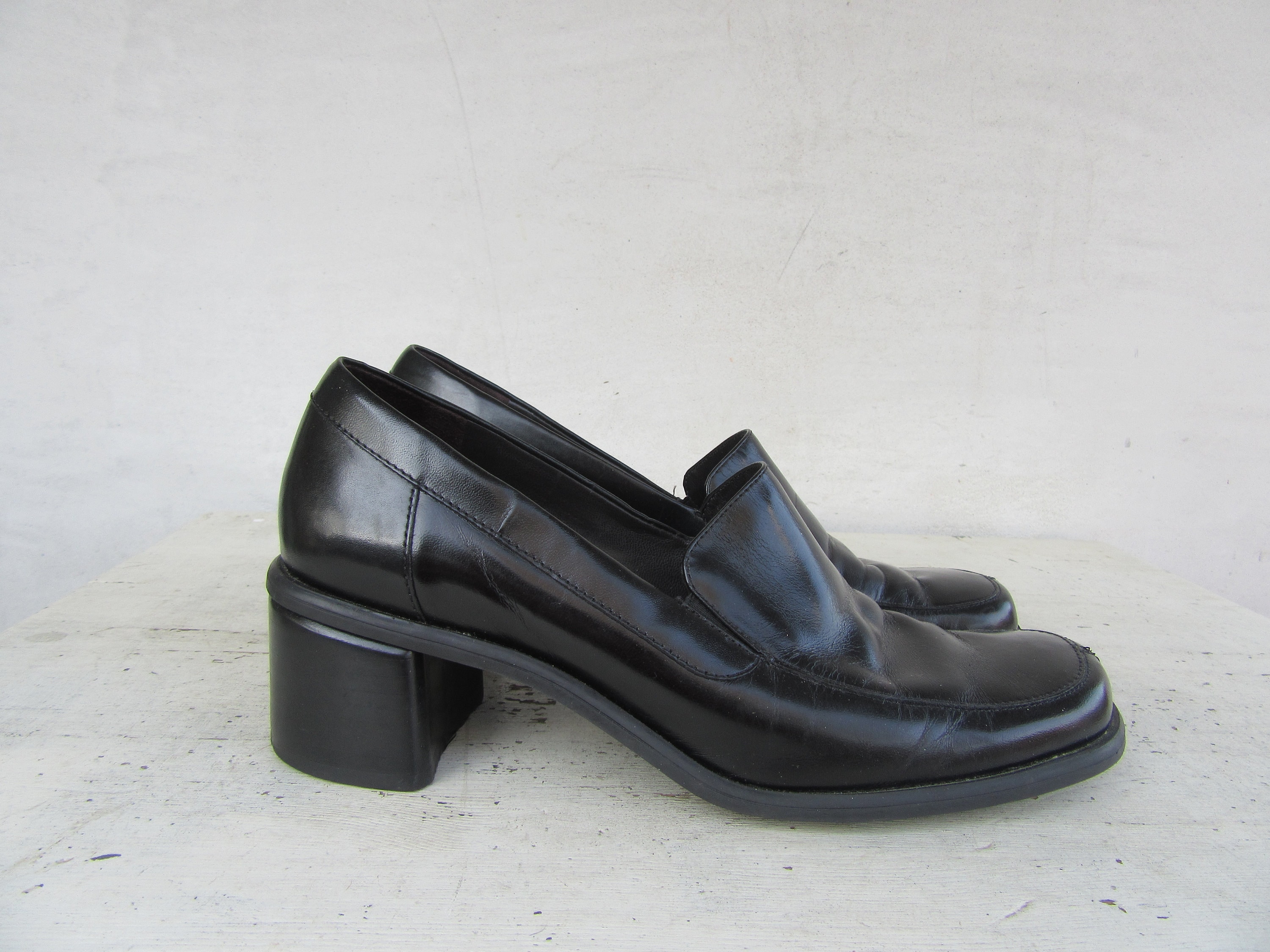 Leather Penny Loafers Square Heels 90s - Etsy