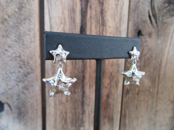 90s Silver Tone Star Dangle Earrings | Bejeweled … - image 4