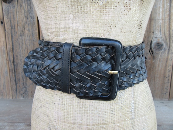 80s Extra Wide Black Woven Leather Belt | Corset B