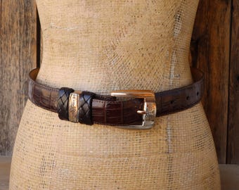 90s Brighton Croco Embossed Brown Leather belt | Southwest Moc Croc Leather Belt | 24 to 28