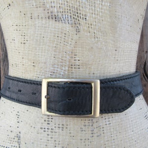 70s 80s Unisex Black Leather Belt with Gold Buckle | 30 to 34 | Medium Large