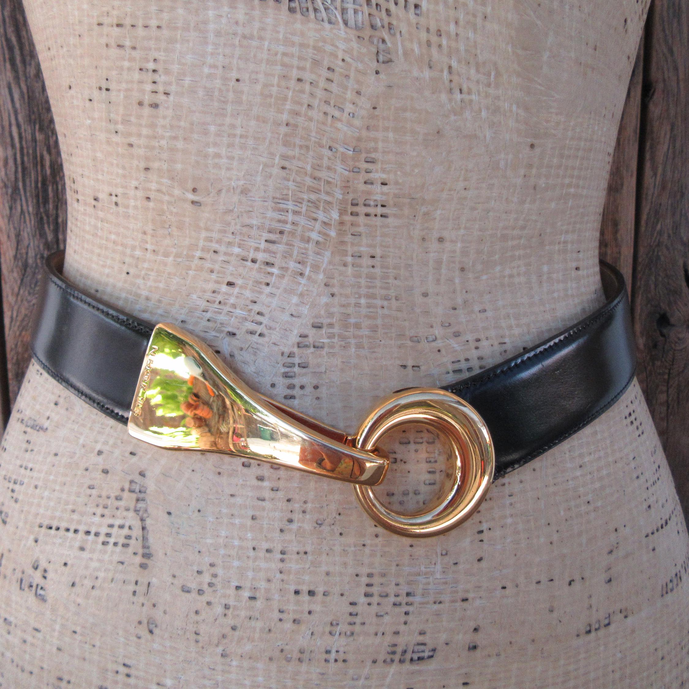 1990s ST JOHN Black Leather Minimalist Belt | Hook Belt