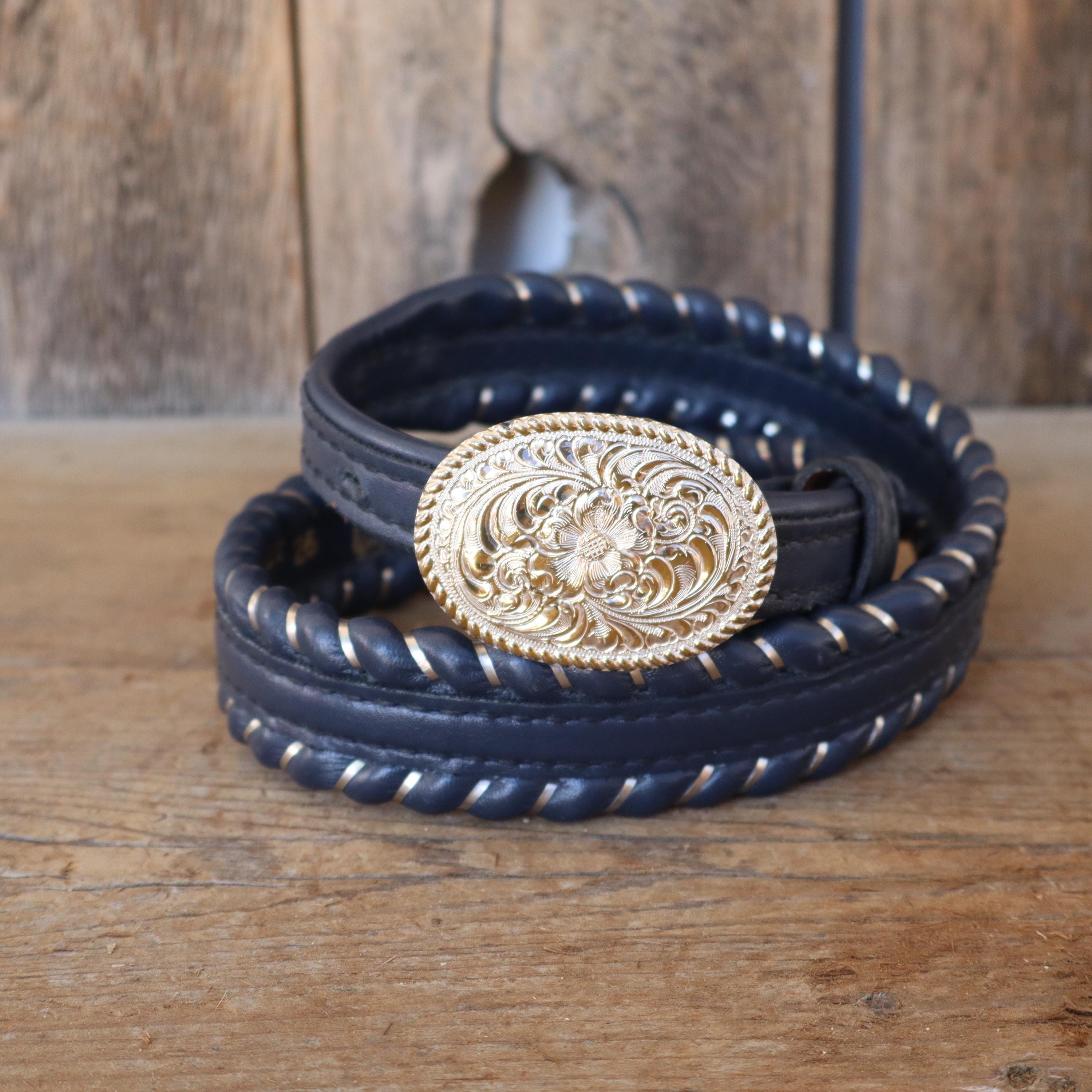 80s Navy Blue Whipstitch Leather Belt | Faux Silver Etched  display picture 3