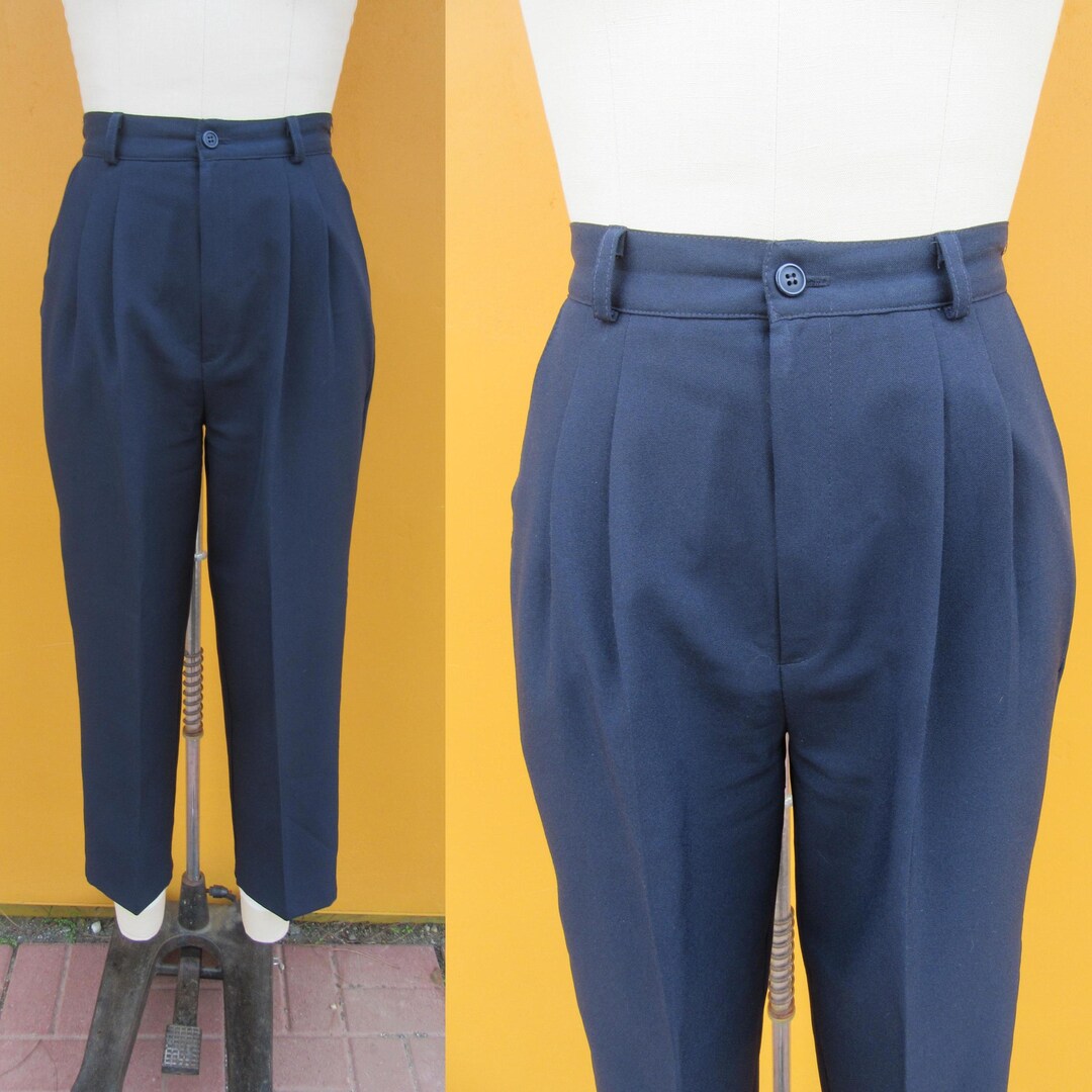 90s Pleated Blue High Waist Trousers | Tapered High Rise Slacks