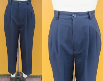 90er Jahre Plissee Blaue High Waist Hose | Verjüngende High Rise Freizeithose | Dark Academia Hose | Minimalistische Business Casual Freizeithose | 26 bis 29