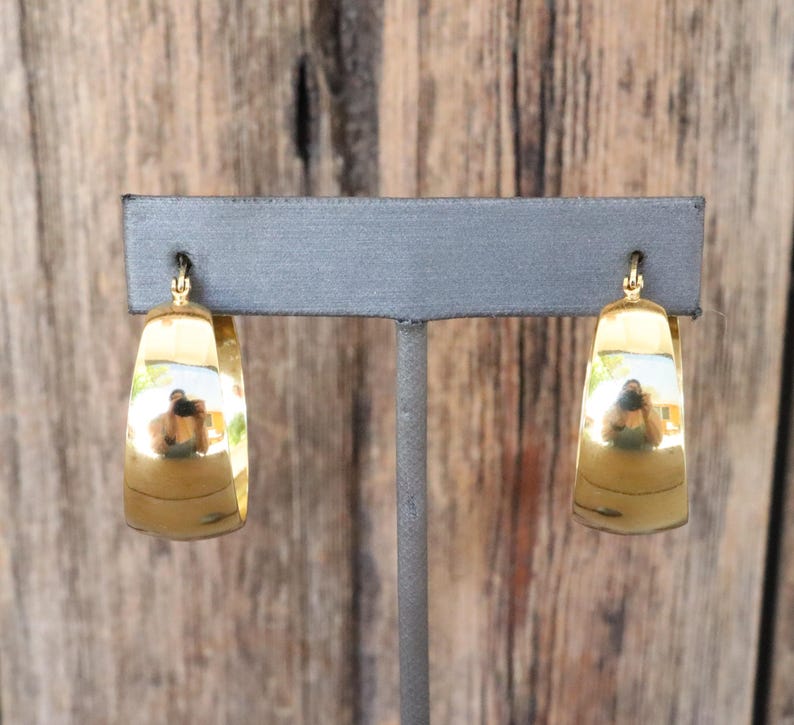 90s Earrings | Chunky Gold Tone Hoop Earrings | Chunky Thick Hoop Earrings | Medium Size Hoop Earrings | Lever Back Hoops image 3