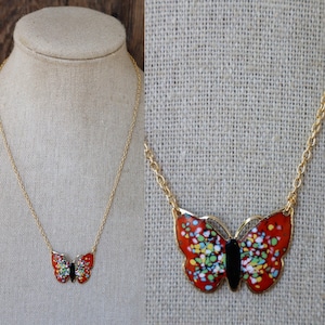 80s Gold Chain Necklace | Speckled Red Cloisonne Butterfly Necklace | Statement Jewelry | 70s Necklace