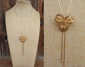 Jaren '80 Goudkleurige ketting bloemen mesh Cottagecore schuifknop bolo kwastje stropdas Lariat ketting